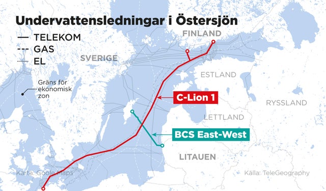 Skador har upptäckts på två datakablar som ligger på Östersjöns botten: C-Lion 1, som går mellan Finland och Tyskland, och BCS East-West, som går mellan Litauen och Sverige.