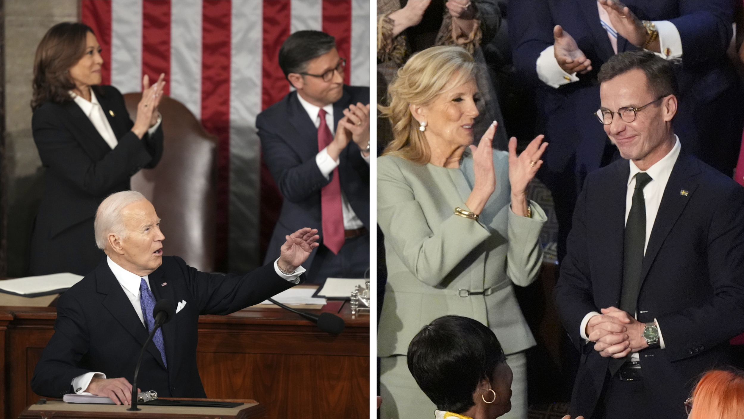 President Joe Biden hyllar Ulf Kristersson under sitt tal till nationen. Statsministern får applåder av ”first ladyn” Jill Biden.