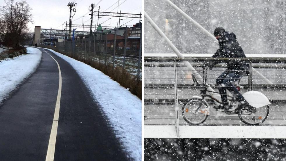 I Jönköping ökade antalet vintercyklister med mellan 10 – 45 procent när staden började sopsalta viktiga cykelstråk. Men den rapport som kommunen har tagit fram för att utvärdera metoden får vissa politiker att tveka på dess effekt. FOTO: JP / Johan Nilsson, TT 