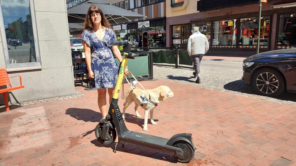 Precis när Paulina Lallerman ska ut och rasta sin ledarhund springer de in i en elsparkcykel parkerad mitt på gångytan. ”Det finns alltid elsparkcyklar i vägen här” säger hon.