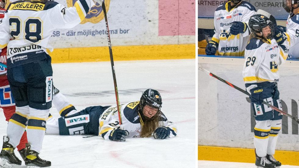 Det ser kanske ut som att Felizia Wikner-Ziekniewicz gått i däck på bilden till vänster, men så är det inte. Bilden är tagen precis när hon vispat in 3–0 för HV71 borta mot Modo. Det blev två mål för henne och tre poäng för laget på lördagen.