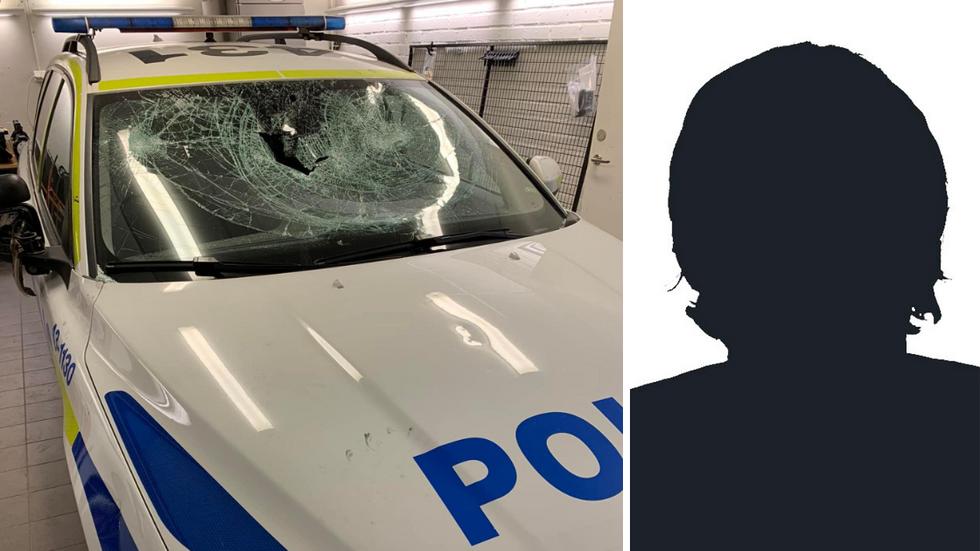 Framrutan på polisbilen krossades efter att den unga mannen ska ha kastat sten.