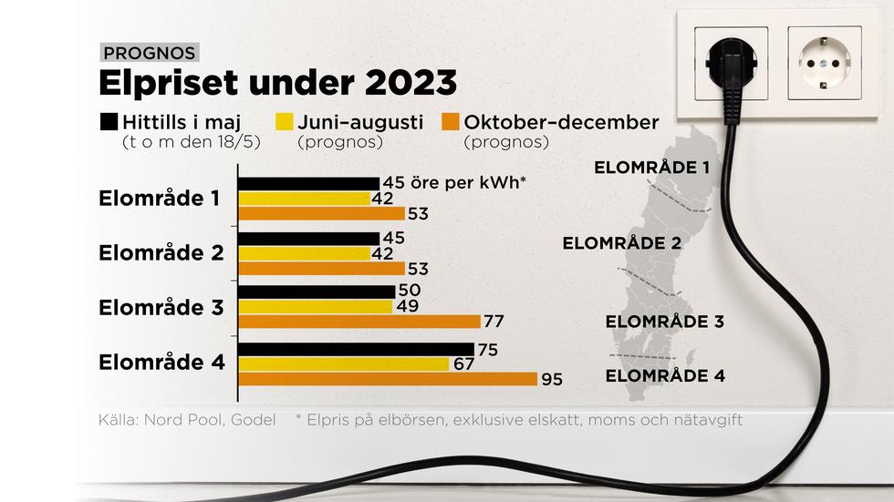 Prognos på elpriset juni–december för respsektive elområde.