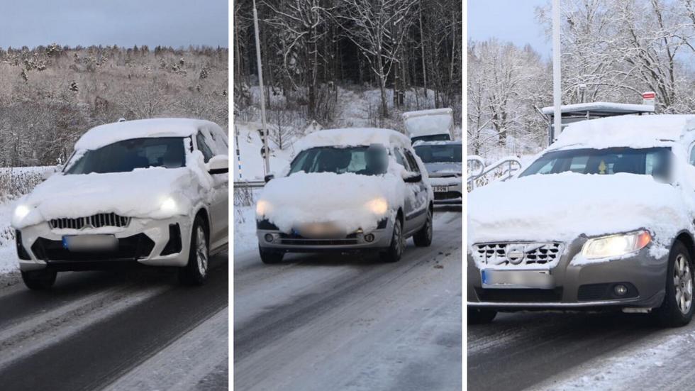 JP/Jnytts fotograf såg många bilar i Jönköping som såg ut likt dessa på måndagsmorgonen. Peter Fransson, gruppchef vid trafikpolisen, dömer ut bristen på snöröjning från huvar och tak. 