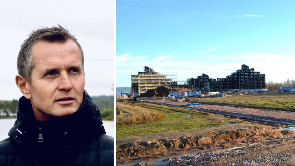 Till vänster: Tommy Fritz, vd på fastighetsbolaget Tosito. Till höger: Här på Kärnekulla i Habo ska det byggas 66 nya bostadsrätter. I bakgrunden syns den pågående byggnationen av Brf Vättervyn. 