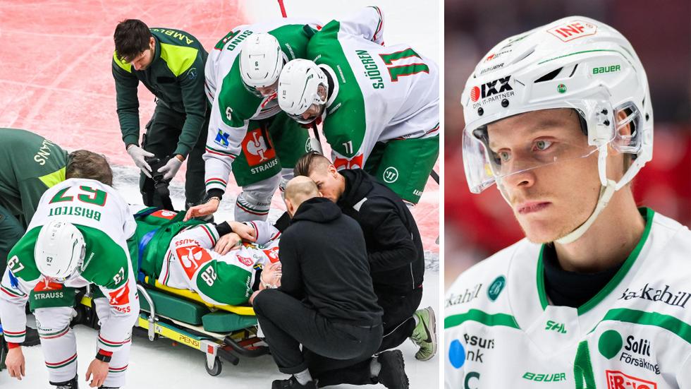Anton Bengtsson låg stilla på isen samtidigt som läkare och ambulanspersonal tog hand om honom.