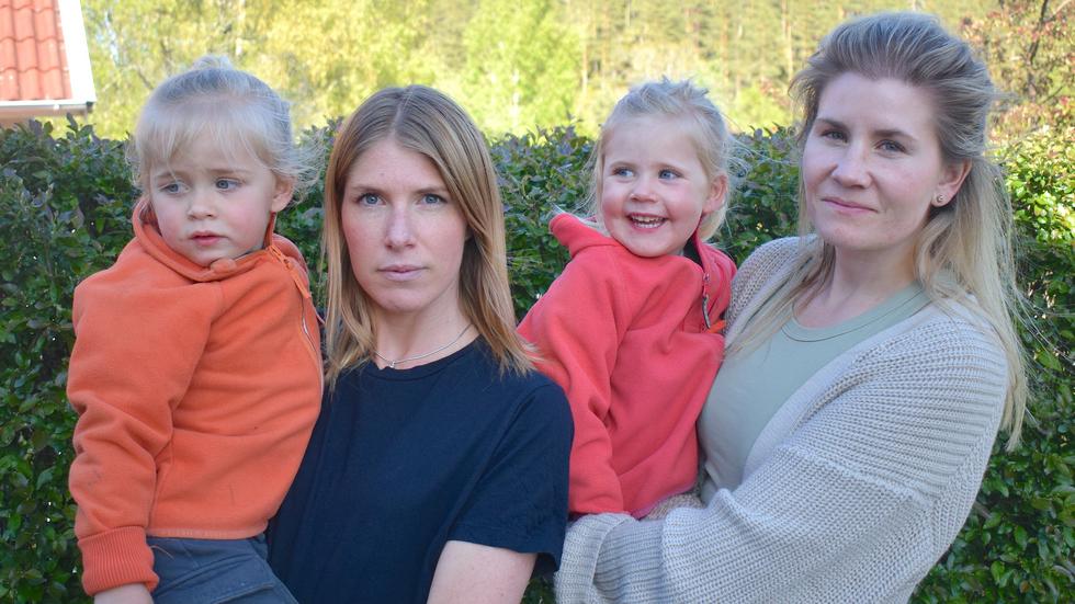Axel Ohlin, Lina Swahn, Vera Ohlin och Hanna Ohlin. Hanna och Lina jobbar inom vården och de är nu oroade för sina barn. 