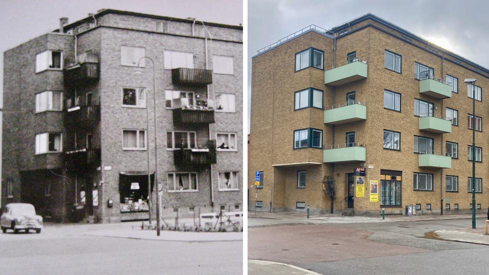 Bragegatan 1 i Malmö där Carsten Peterson växte upp med mamma Astrid och pappa Anders. Bilder tagna 1963-64, respektive idag. 
