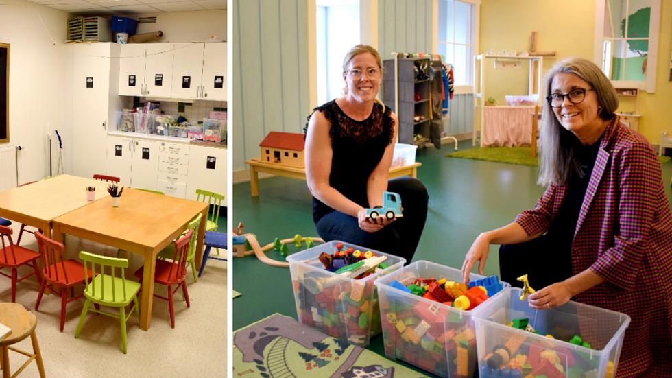 Förskollärare Sophie Andersson och rektor Carina Wernersson är glada att Vättersnäs förskola åter kunnat öppna efter branden i Ansgariikyrkan, där även förskolan hade sina lokaler. 