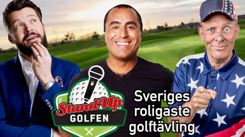 En trio som kan locka till skratt, från vänster Niklas Andersson, Özz Nujen och golftränaren Chip Mulligan, som också kan vara rolig. Bild: Privat