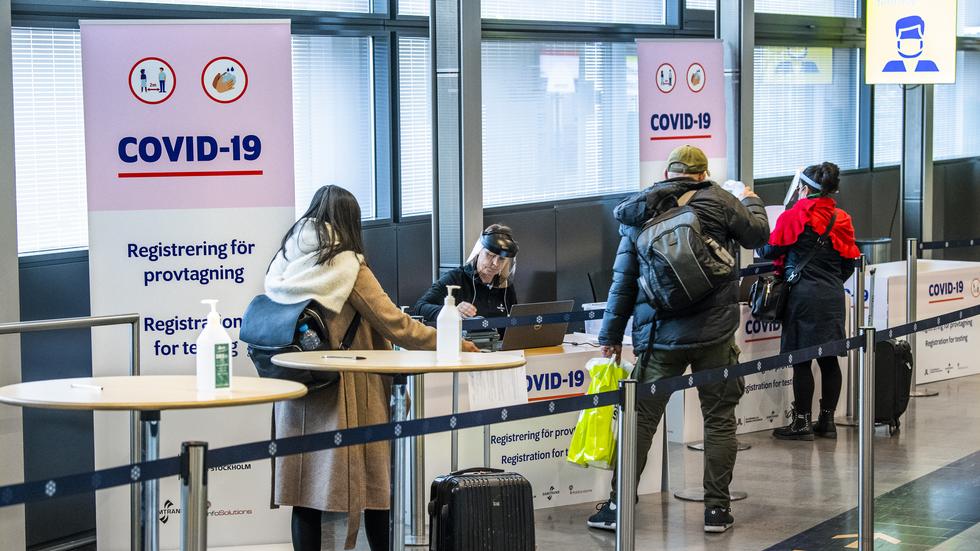 Provtagningsstation för covid-19 på Arlanda flygplats för ankommande med utrikesflyg. Arkivbild.