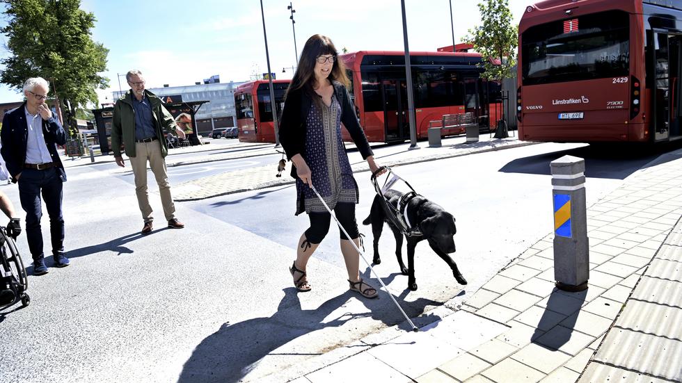 Paulina Lallerman upptäcker svårigheter i att identifiera förändringar i gatan när hon och ledarhunden Tass passerar bussterminalen vid Viktoriaplan i Huskvarna.