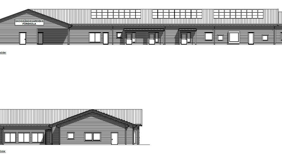 Fasadritning över nya Skogsängsgårdens förskola. Skolan kommer vara utformad som ett L för att personalen ska ha bättre uppsikt över barnen.
