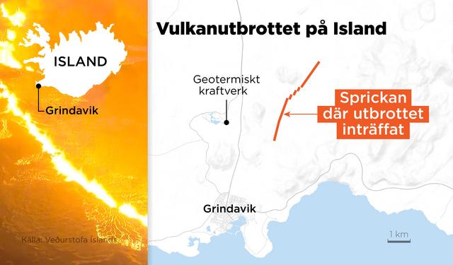 Kartan visar sprickan där utbrottet inträffat cirka tre kilometer från samhället Grindavik.