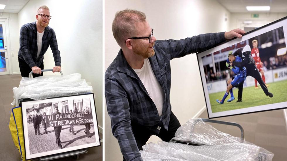 Pär Grännö visar två av bilderna som är med på fotoutställningen på Stadsbiblioteket i Jönköping under Smålit 2023.