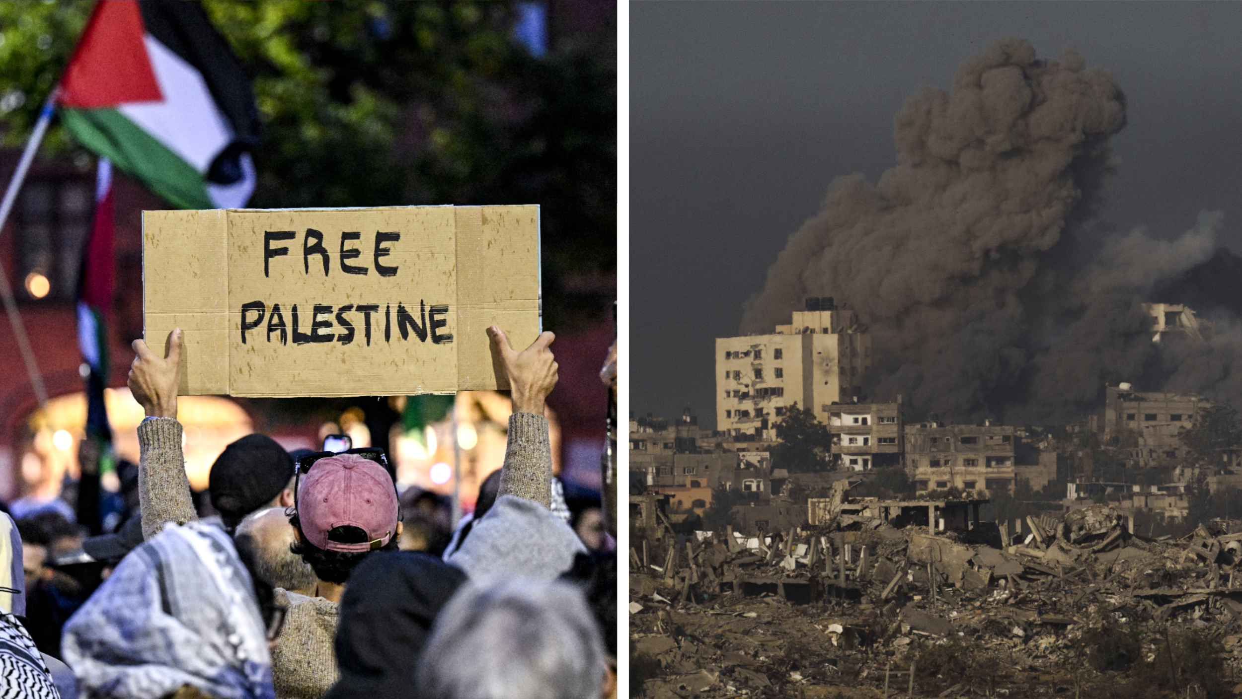Propalestinsk demonstration i Malmö – och sönderbombade hus i Gaza.