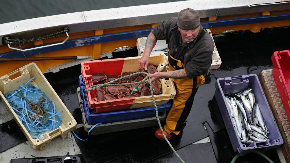 Fiskaren Andrew Gillie tar i land färska krabbor, hummer och makrill i hamnen i Eyemouth i Skottland. Arkivfoto.