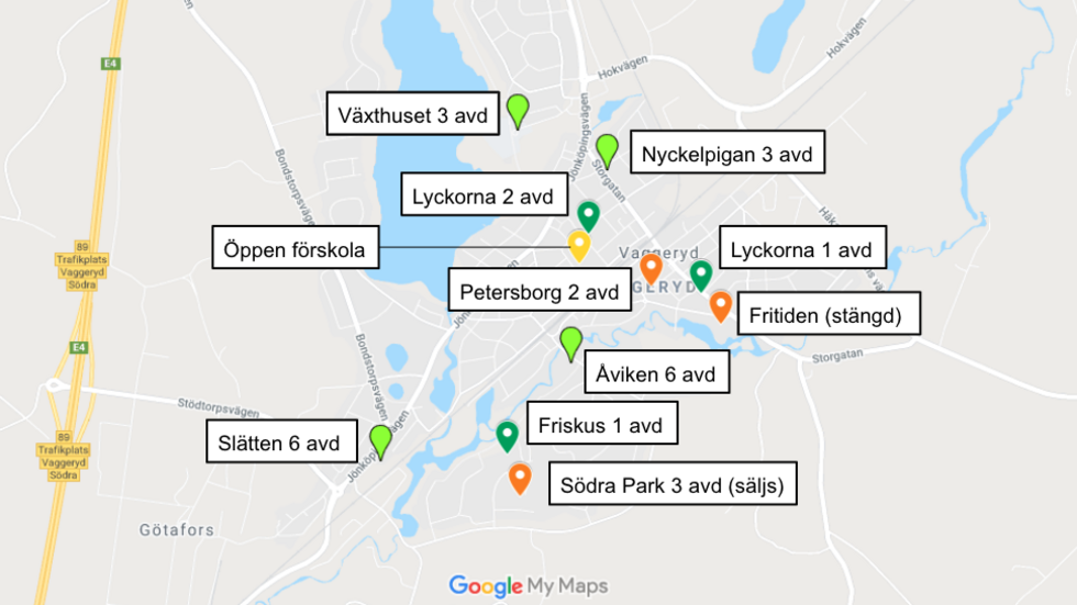 Det är mycket på gång vad gäller förskolor i Vaggeryds tätort. Tre (orange) kan vara på väg att läggas ner till förmån för en ny i norr (blå). Kommunala är ljusgröna i skissen medan fristående är gröna.  Grafik: Google Mina kartor