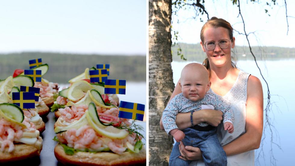 Tre generationer hjälps åt att  bygga räkmackor på köket i Sjöborgen. Det här är två av dem: Louise Sandell och sonen Julius.