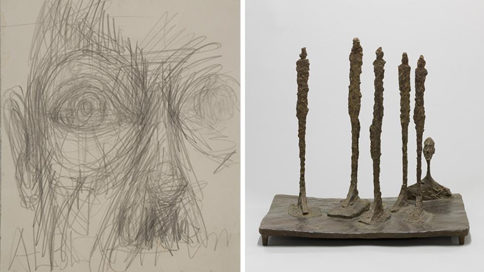 Alberto Giacometti, ”Huvud” (omslag till Jacques Dupins monografi ”Alberto Giacometti” 1962) samt ”Skogen” (1950). 