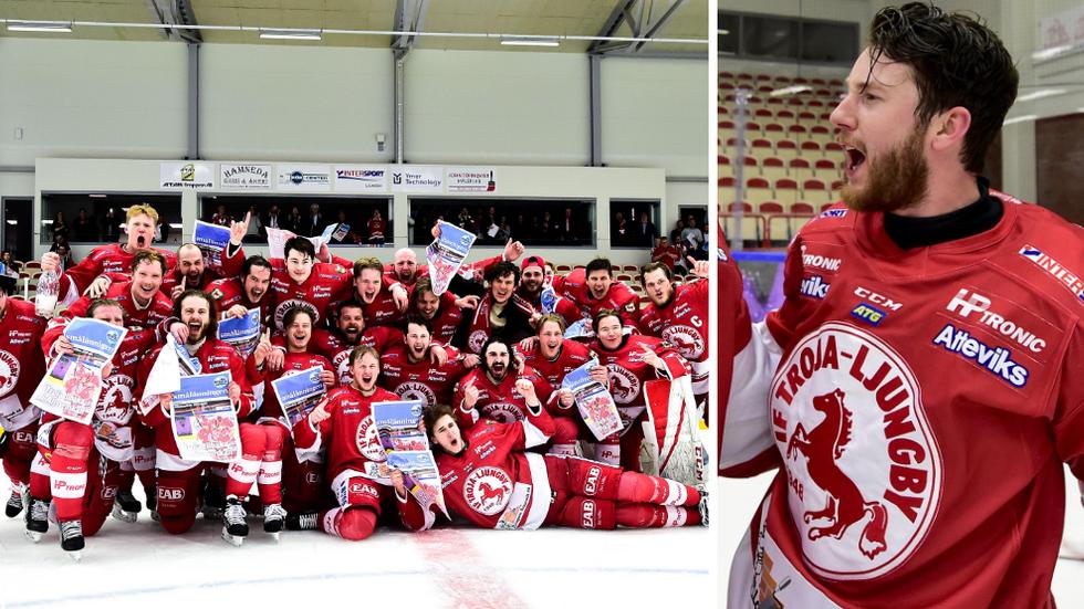Victor Romfors och hans lagkamrater i Troja hade all anledning att fira efter avancemanget till hockeyallsvenskan.