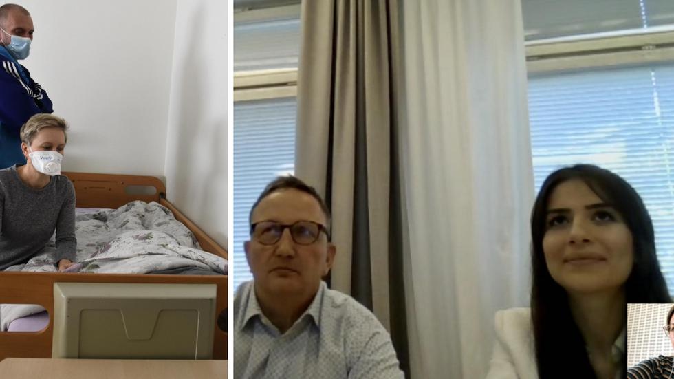 Konstantin och Nataljia Ozoev vid sin apatiska son Romans sjukbädd i februari. Till höger: Juristen Claes Ottosson och hans kollega Isabella Düzgün har jobbat med familjen Ozoevs fall sedan i höstas. Bilden är en skärmavbild från ett videosamtal med reportern. 