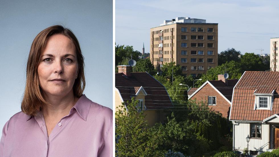 Linda Lövgren, bostadsanalytiker på WSP, säger att priserna på villor har ökat rejält i Jönköping. Bildkollage. Foto: Pressbild/WSP Sverige AB och Henrik Montogomery/TT