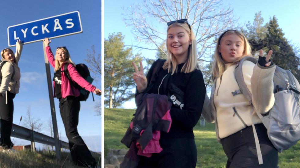 Kompisarna Olivia Karlsson,17,  och Felicia Martinsson, 16, gick från Skärstad till Daräng utanför Habo på lördagen. En nätt liten promenad på 4,6 mil. Foto: Privat