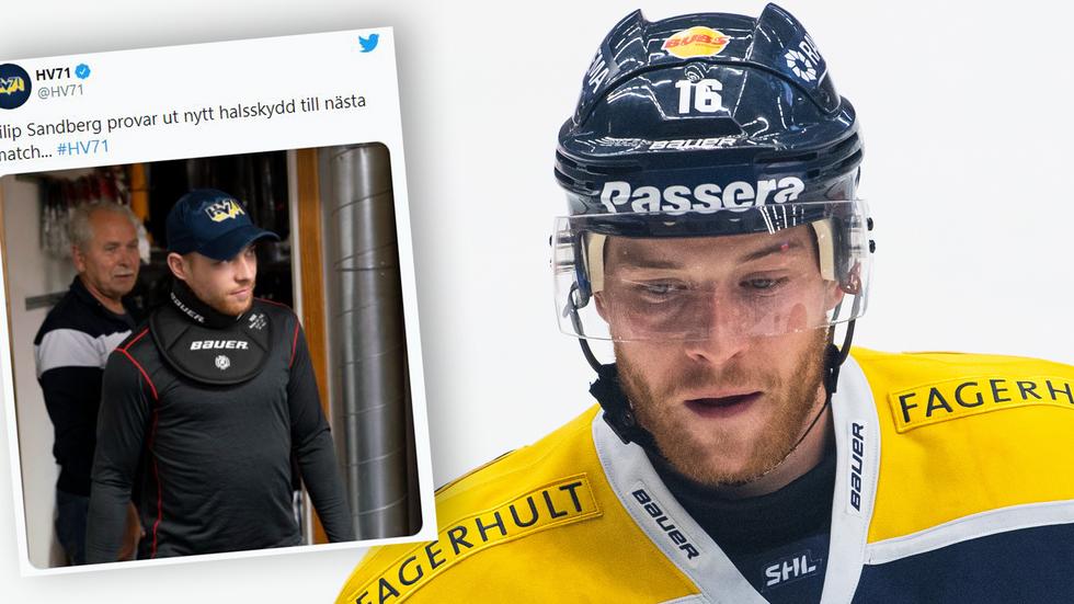 Filip Sandberg åläggs med böter efter målfirandet mot Oskarshamn. Bild: Mathias Bergeld/Bildbyrån och HV71:s Twitter.