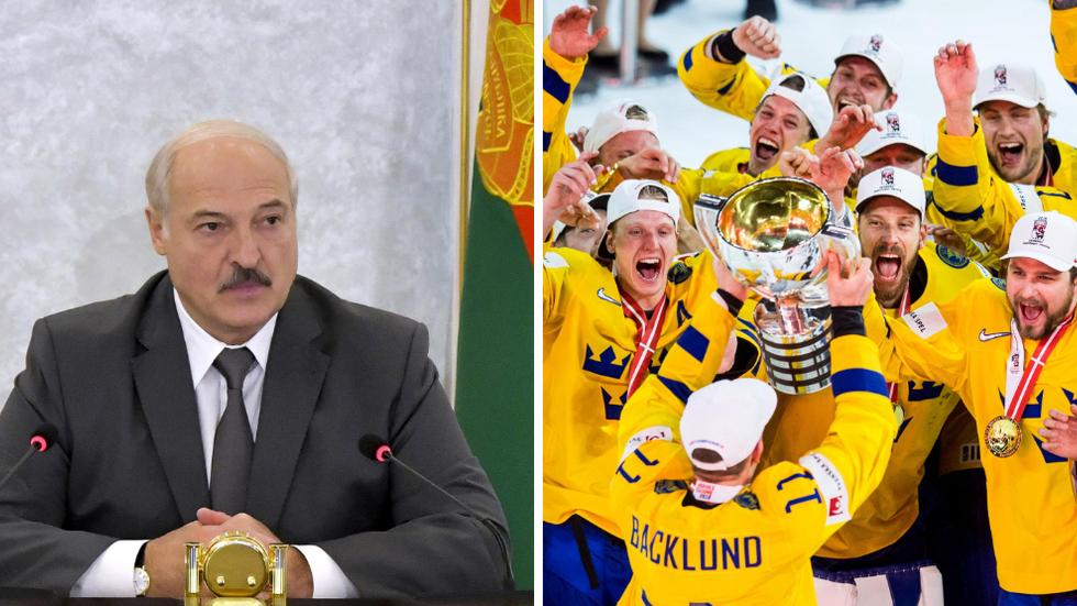 Belarus president Aleksandr Lukasjenko och de svenska VM-vinnarna från 2018.