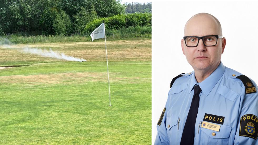 Ett oväntat fynd av en misstänkt rökgranat på A6 golfbana i Jönköping har gjort att polisen kontaktat nationella bombskyddet. FOTO: Läsarbild 