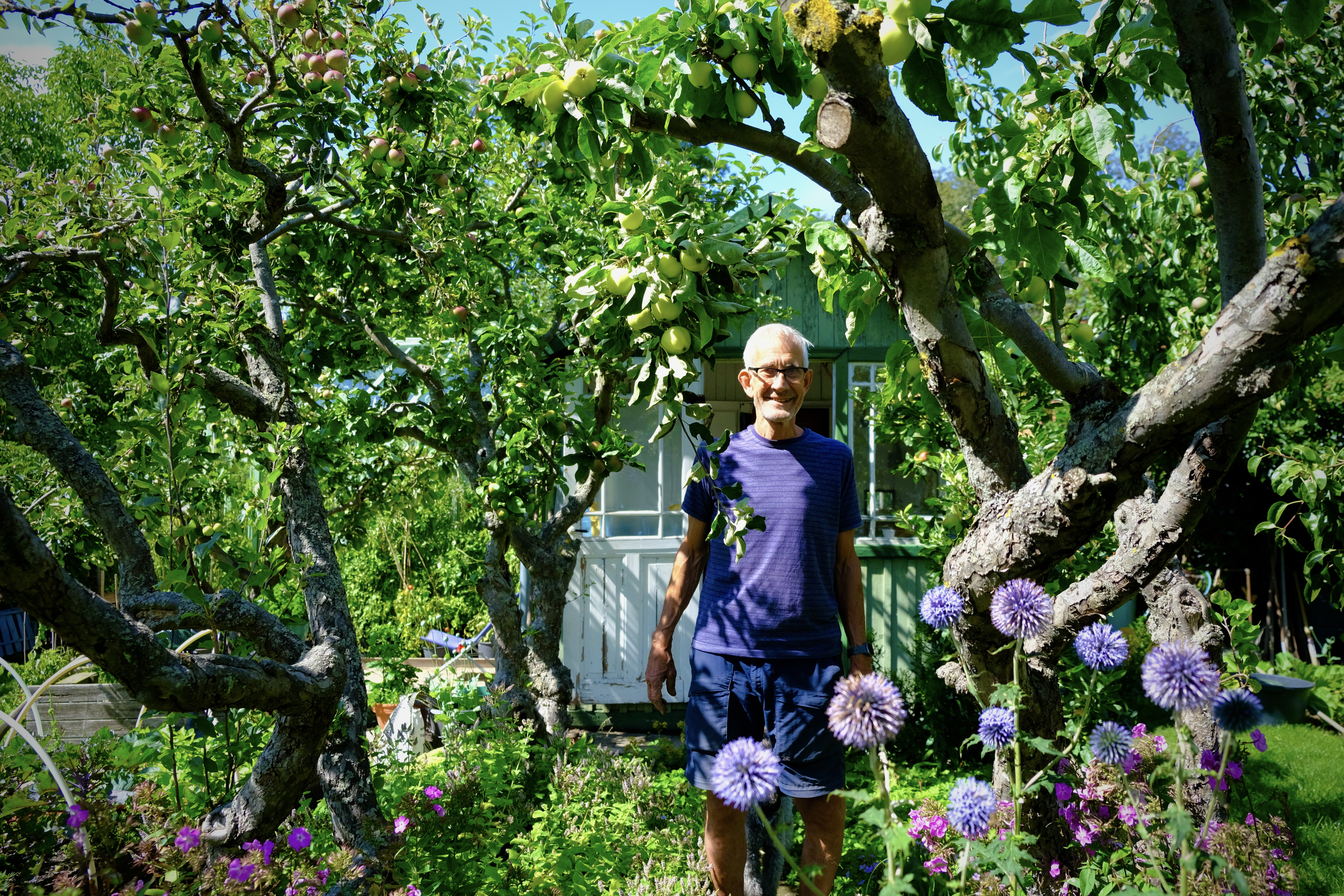 På kolonilotten i St Månslyckan odlar Erik Skärbäck och hans fru grönsaker, frukt, blommor och bär. 
”Alla känner att de mår bra i naturen”, säger han.