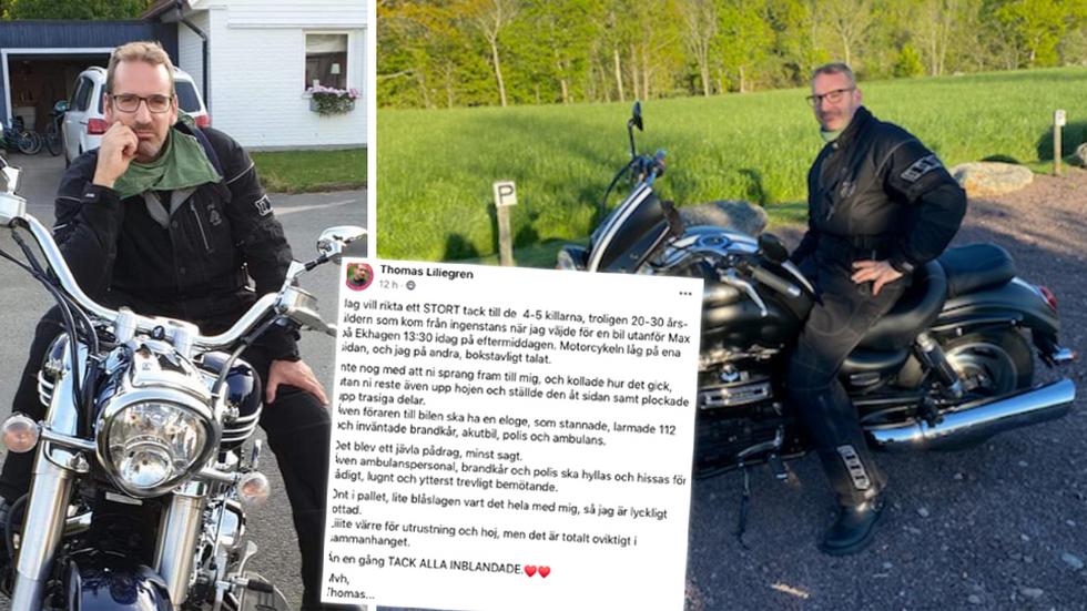 Några killar var snabbt på plats för att hjälpa till när Thomas Liliegren åkte omkull med motorcykeln på Ekhagen. I Facebookgruppen ”Jönköping” har Thomas skrivit ett inlägg för att tacka dem som hjälpte honom. Bild från Facebook. Foto: Privat, och skärmbild från Facebook