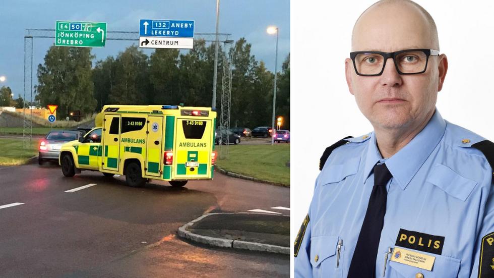 En man i 55-årsåldern fördes till sjukhus efter olyckan i Huskvarna. FOTO: Peter Svärd och Lars Hedelin/polisen