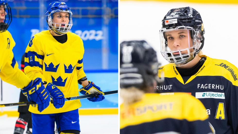 Ebba Berglund i landslagströja och i HV-tröja. Det handlar mycket om ishockey i de här dagarna för HV-backen.