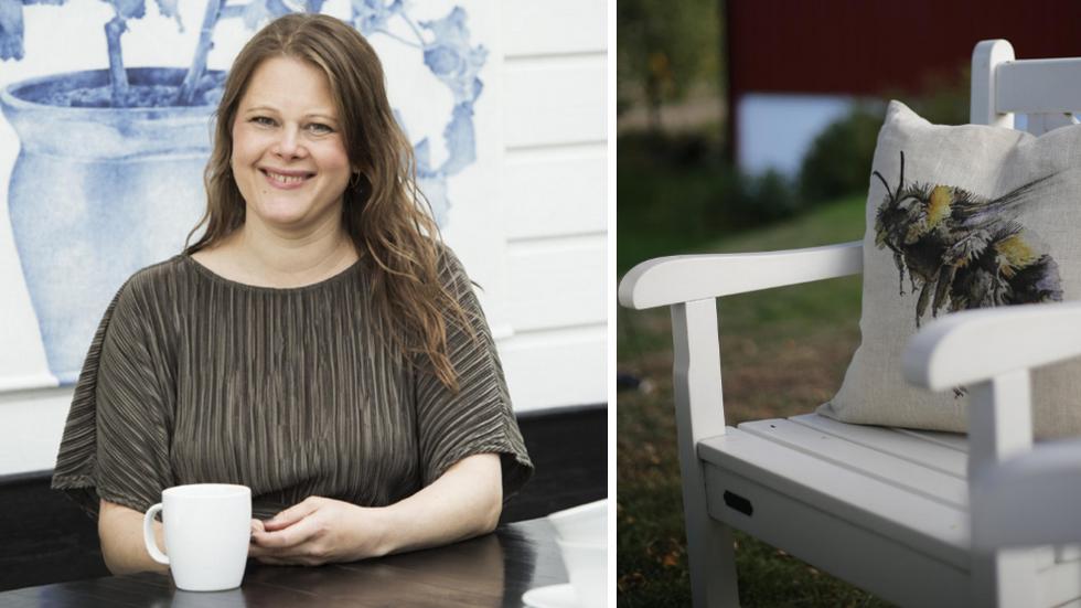 Emma Sjödin konstnär och designer från Forserum ritar och målar naturmotiv som humlan på linnekudden.. Foto: Anna Hållams/Silje Horntvedt