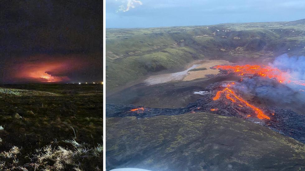 Lavan flödar omkring fyra mil sydväst om Reykjavik. Foto: Hildur Hlín Jonsdottir/AP/TT, Islands kustbevakning/AFP/TT