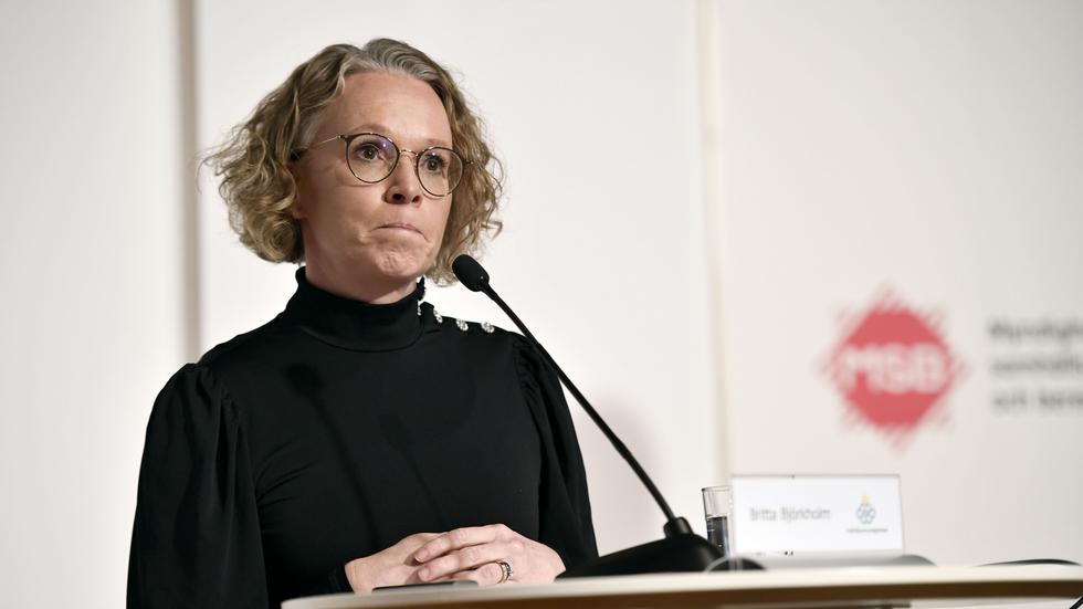 Britta Björkholm, avdelningschef, Folkhälsomyndigheten, vid en av pressträffarna om läget under coronapandemin. Arkivbild.