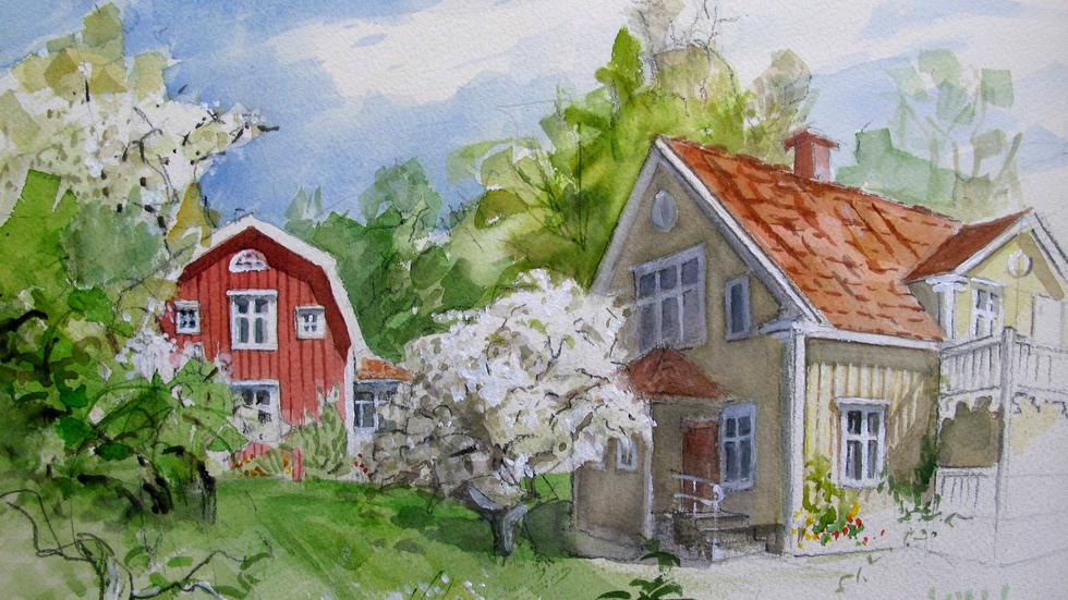 Släktgården Näs på en akvarell av Leif Ruhnström.