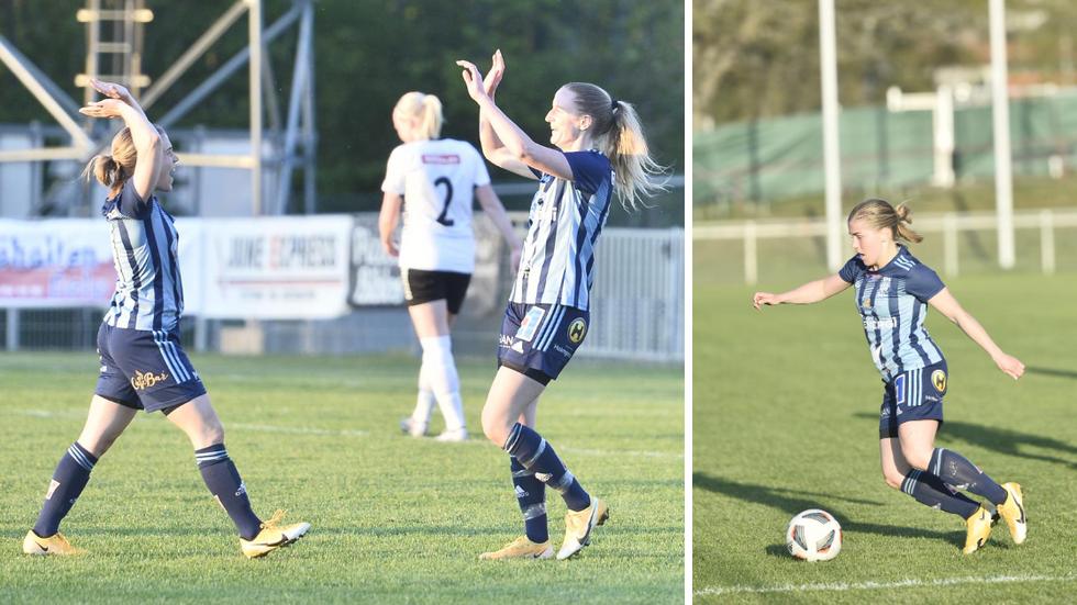 Lina Gasslander och Amanda Samuelsson jublar efter ett av HFF:s mål när Husqvarna besegrade Kenty med 4-1.