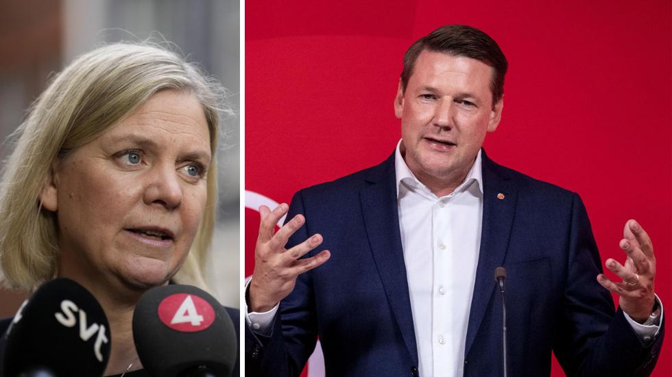 Statsminister Magdalena Andersson (S) och Socialdemokraternas partisekreterare Tobias Baudin.