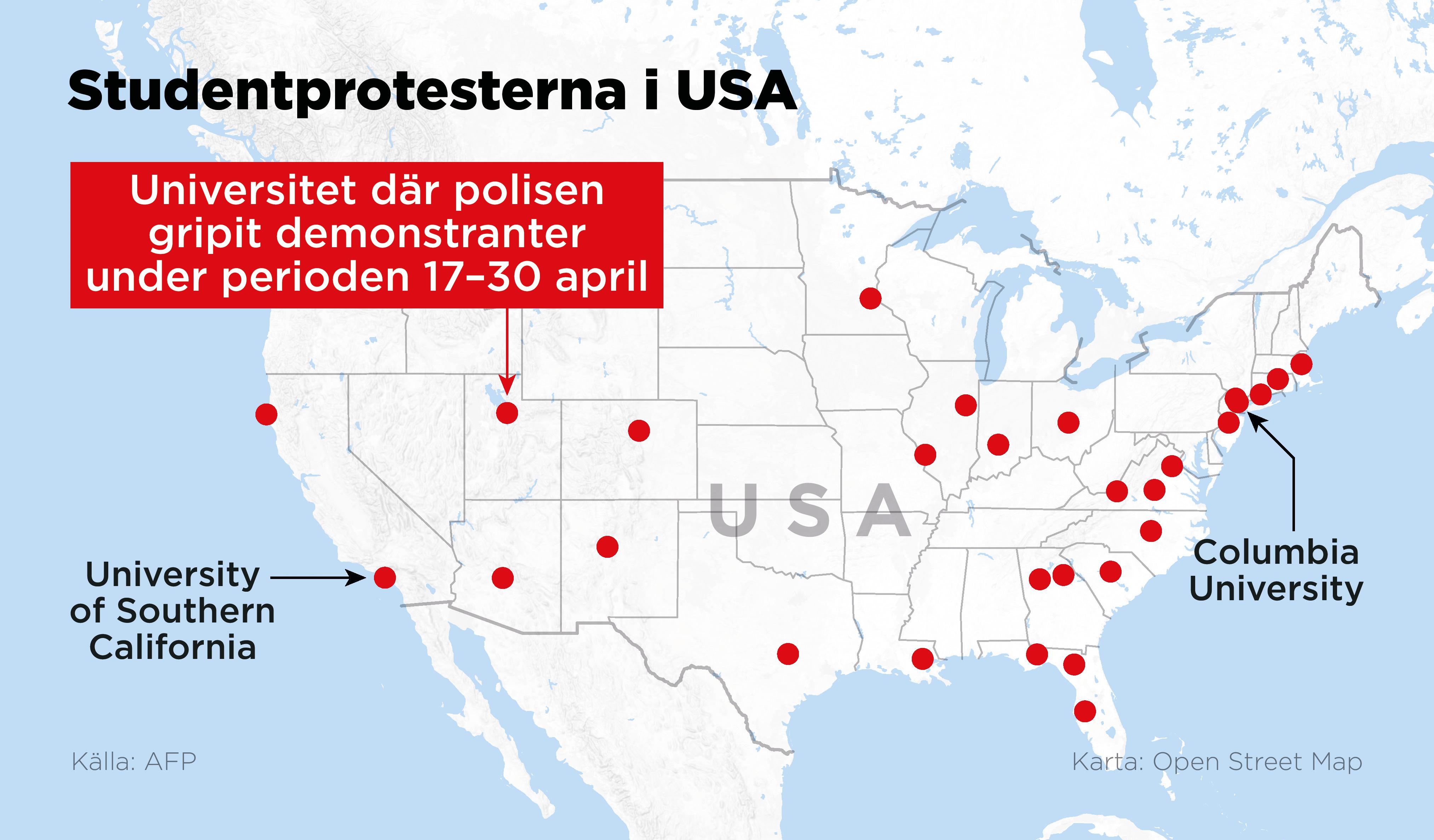 Kartan visar universitet i USA där polisen gripit demonstranter under perioden 17–30 april.