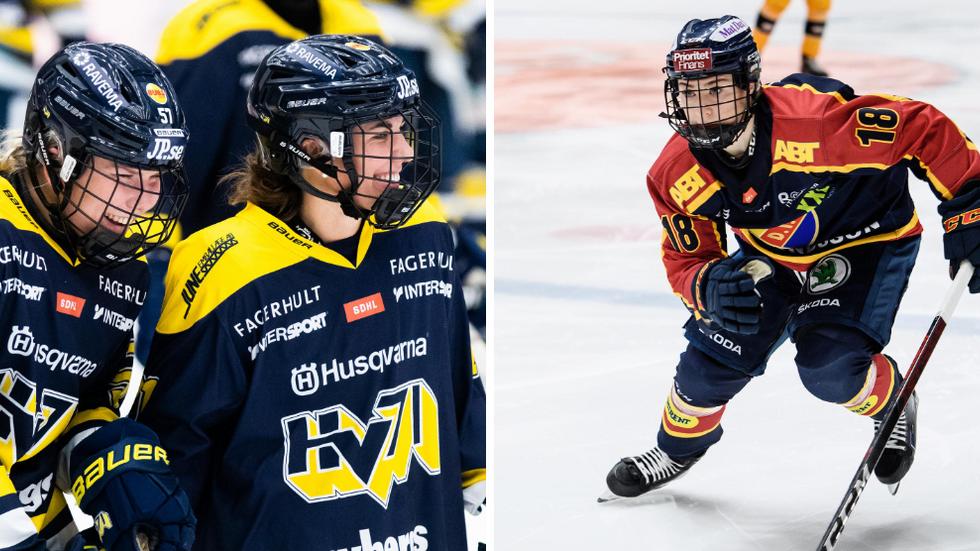 HV71:s Elin Svensson och Anna Kjellbin gästas av Djurgården i SDHL-premiären. Dif:s Alice Östensson till höger. Bild: Bilbyrån