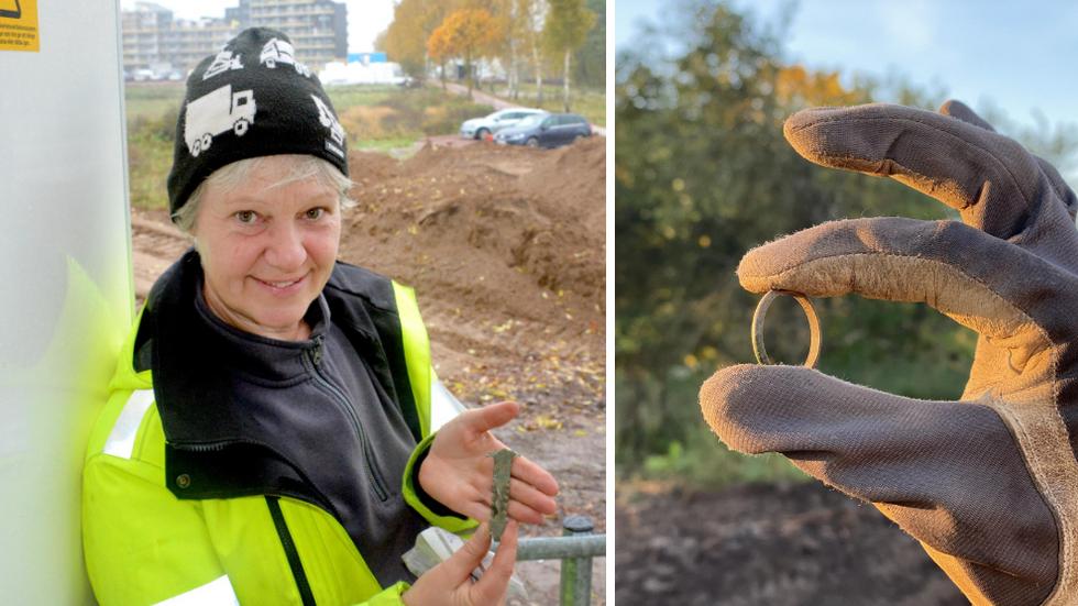 Anna Ödeén, arkeolog vid Jönköpings läns museum, har varit projektledare vid utgrävningen på Kärnekulla. I handen håller hon ett av fynden som hittats på platsen: ett bokspänne från medeltiden. Till höger en bronsring.