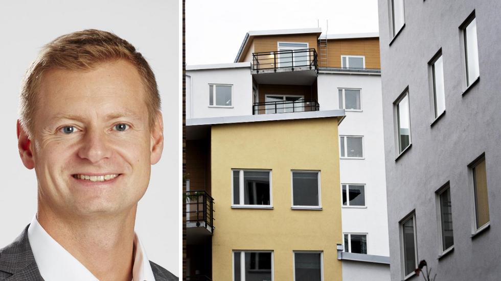 Marcus Svanberg, vd på Länsförsäkringar Fastighetsförmedling. Bild från lägenheter i Munksjöstaden, Jönköping.