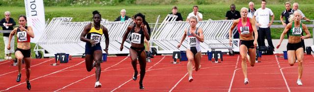 Finalfältet på damernas 100 meter; Elisabeth Davin från Belgien, vinnaren Carrie Russel från Jamaica, Tianna Madison från USA, brittiskan Hayley Jones, Carolina Klüft och Therése Bohlen-Kinn från Göteborg.