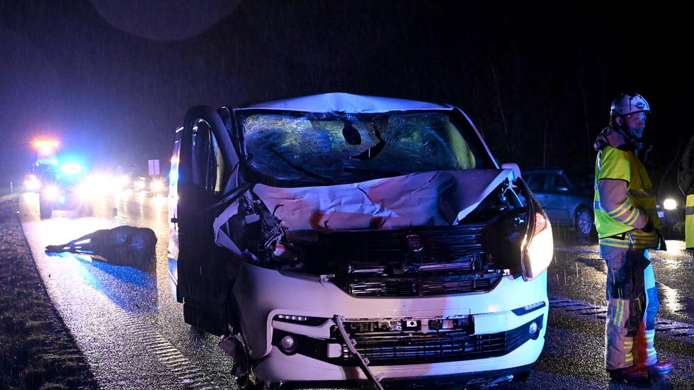 Älgen dödades och det blev stora materiella skador på minibussen som handbollslaget HB78 färdades i. De sex personerna i minibussen klarade sig ändå utan skador. Foto: Joakim Eriksson/ Agena Foto