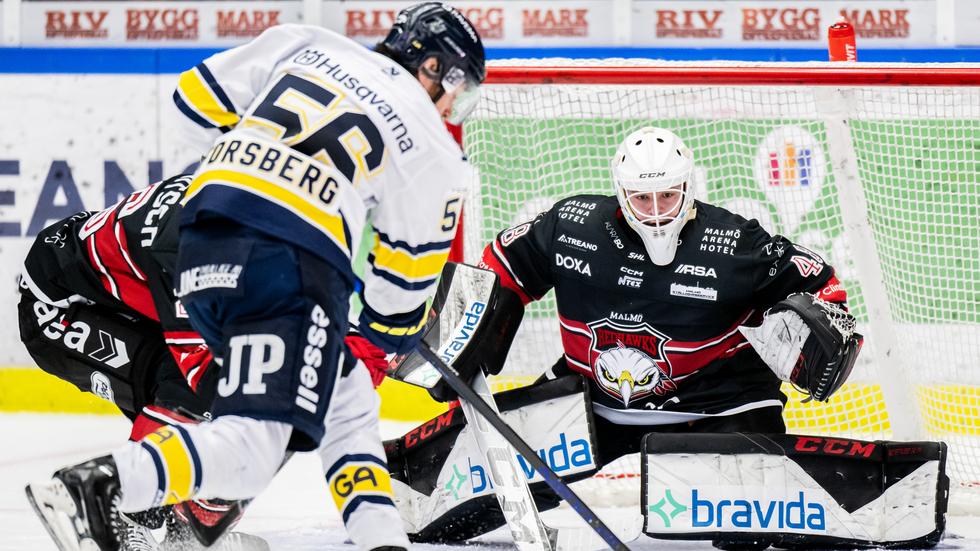 Oskar Blomgren i Malmös mål i SHL-mötet med Fredrik Forsbergs HV71 den 28 december. 