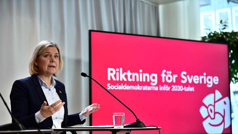 Socialdemokraternas partiledare Magdalena Andersson under pressträff den 27 mars om riktningen för Socialdemokraterna inför 2030-talet.
