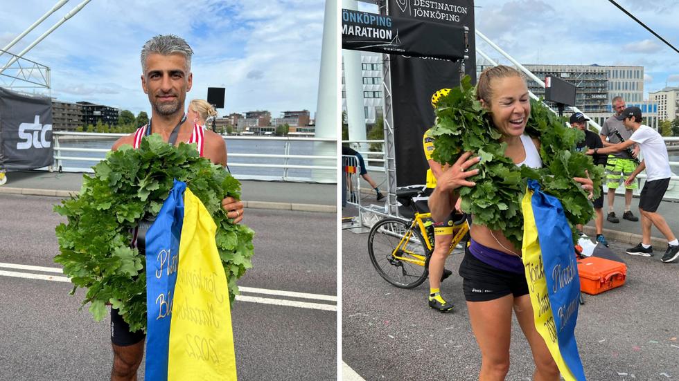 Vinnarna av Jönköping marathon 2022. Ashkan Fivrin och Elmina Saksi.